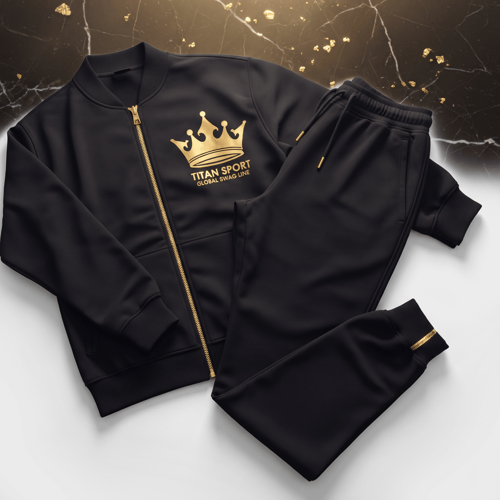 Black tracksuit with gold crown logo, zip-up bomber jacket, and matching joggers on marble background.