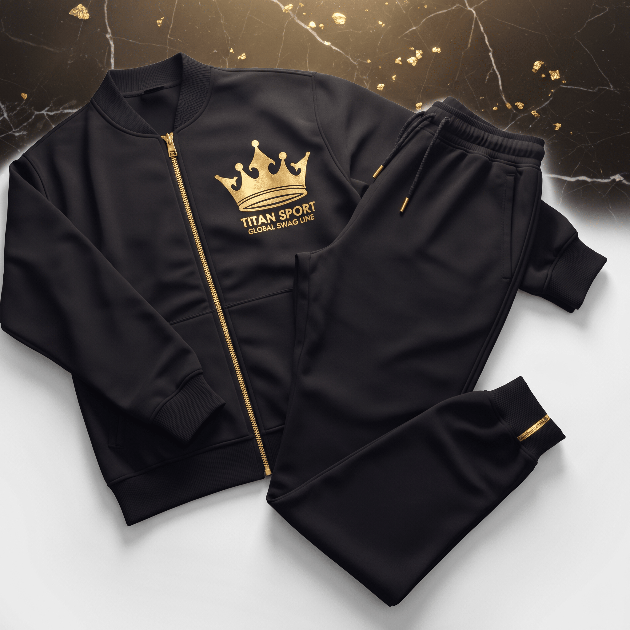 Black tracksuit with gold crown logo, zip-up bomber jacket, and matching joggers on marble background.