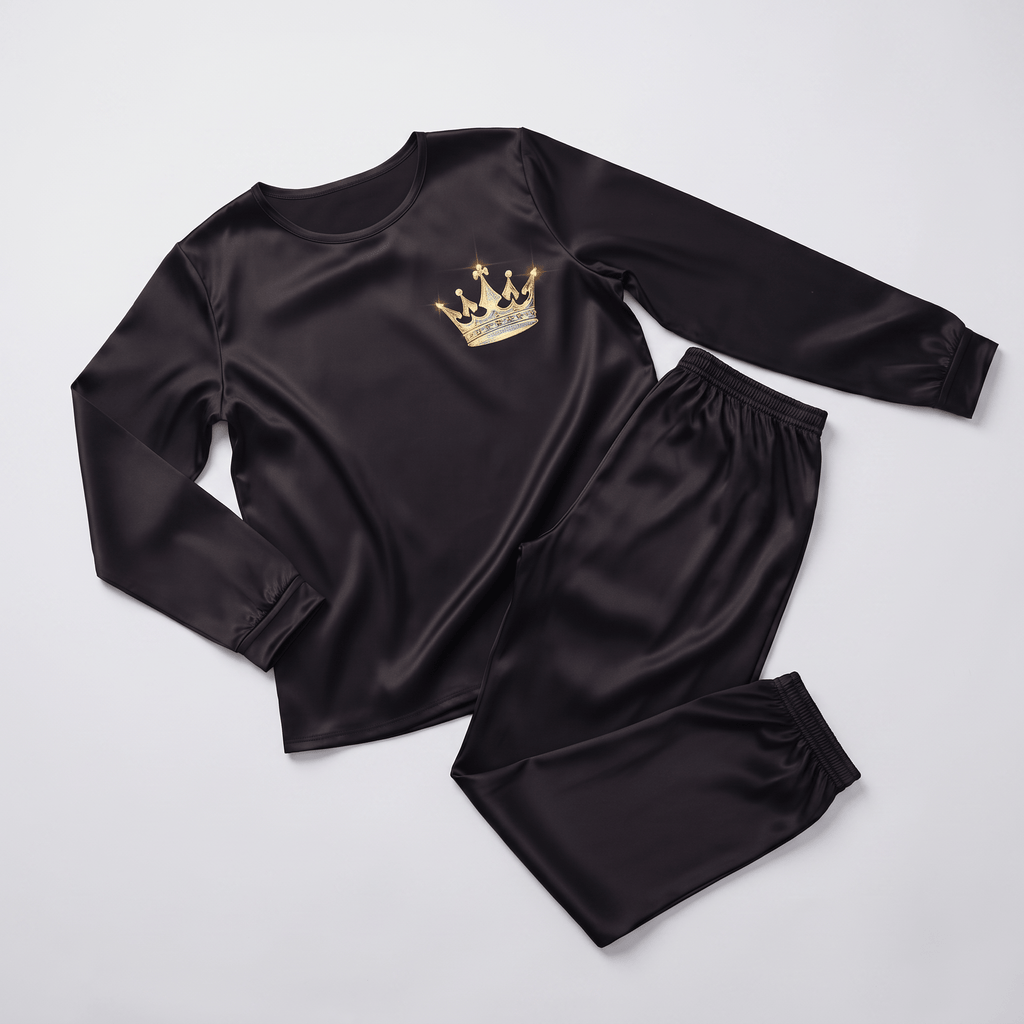 Black satin long-sleeve pajama set with a gold crown graphic on the chest, laid flat.