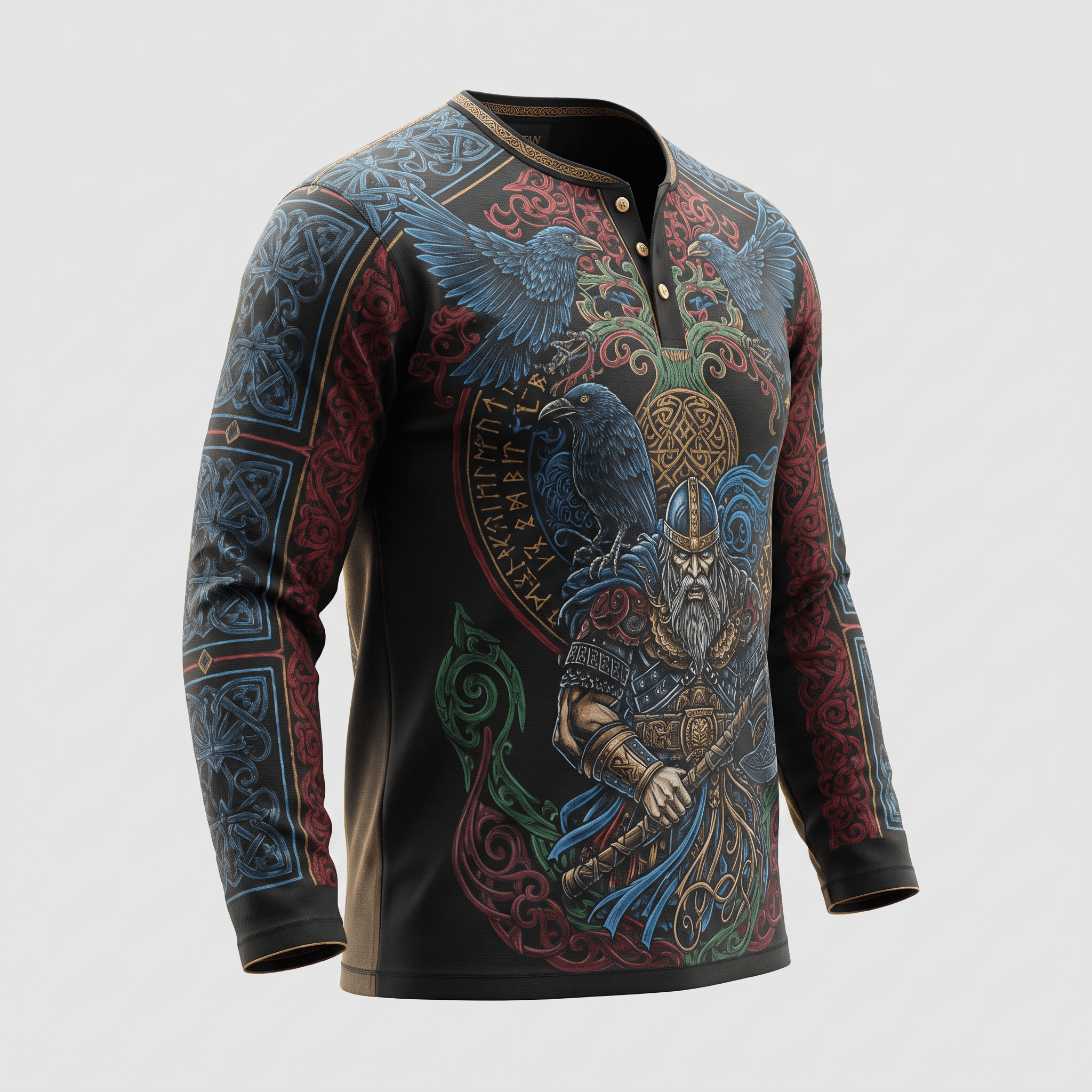 Black long-sleeve henley shirt featuring a Norse Viking graphic with ravens, runes, and Celtic knotwork.