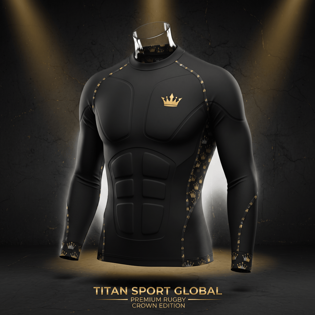 Black long-sleeve rugby compression shirt with padded chest and gold crown logo and trim on dark background.