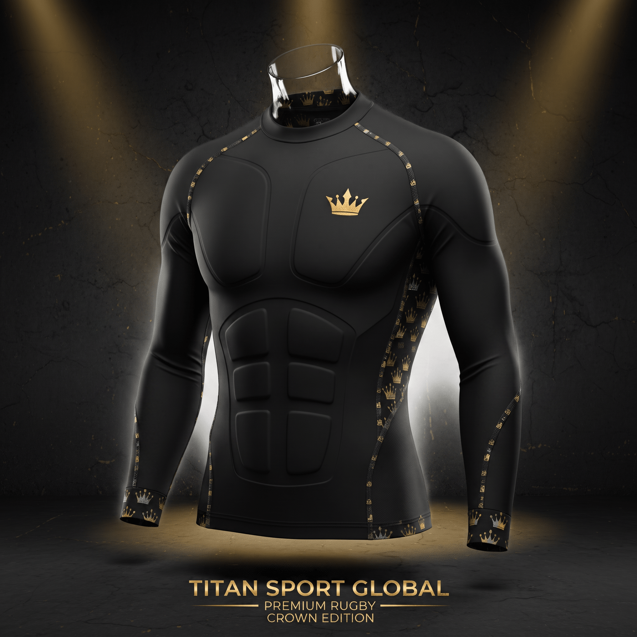 Black long-sleeve rugby compression shirt with padded chest and gold crown logo and trim on dark background.