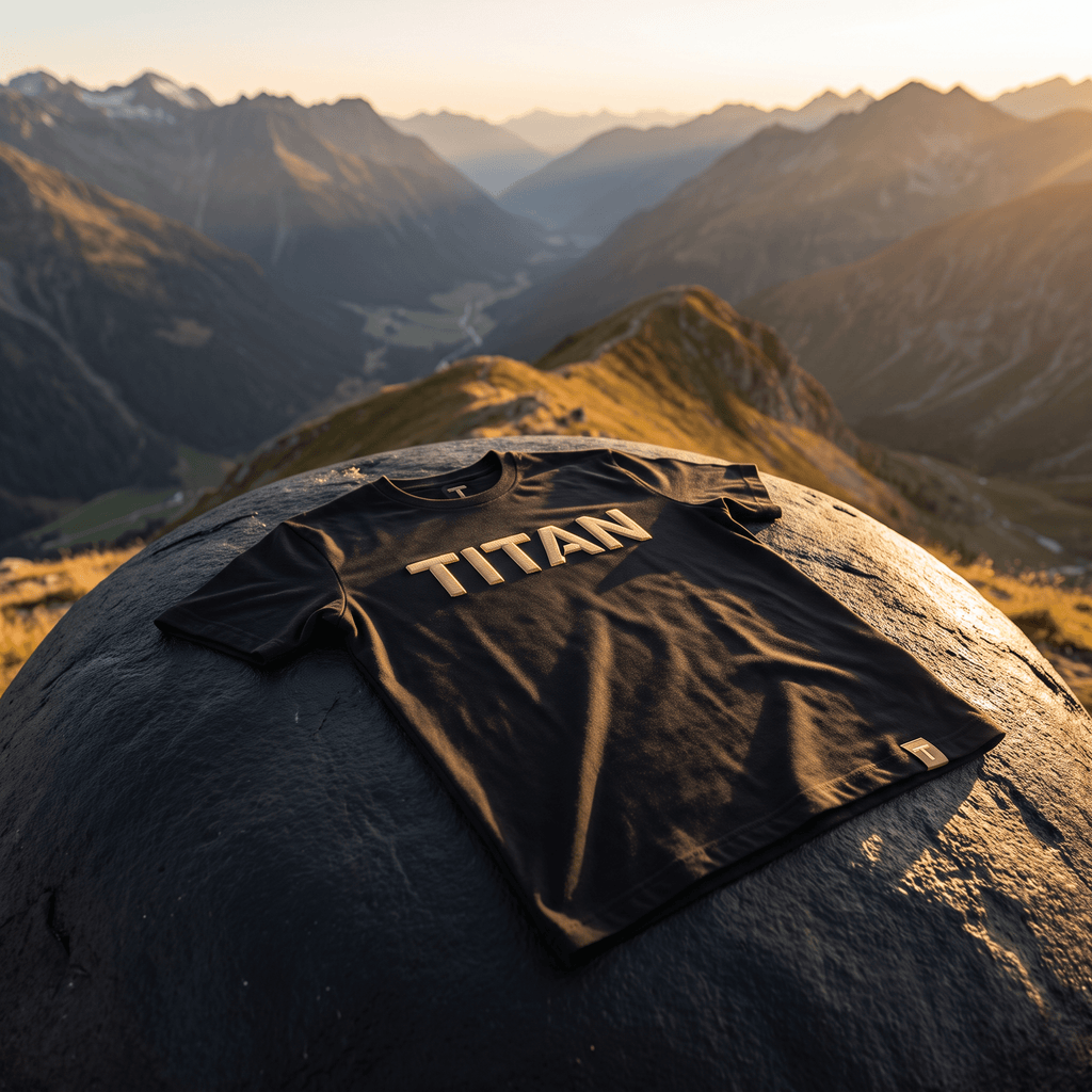Black athletic t-shirt with gold "TITAN" lettering and logo tag, displayed on a rock against a mountain backdrop.