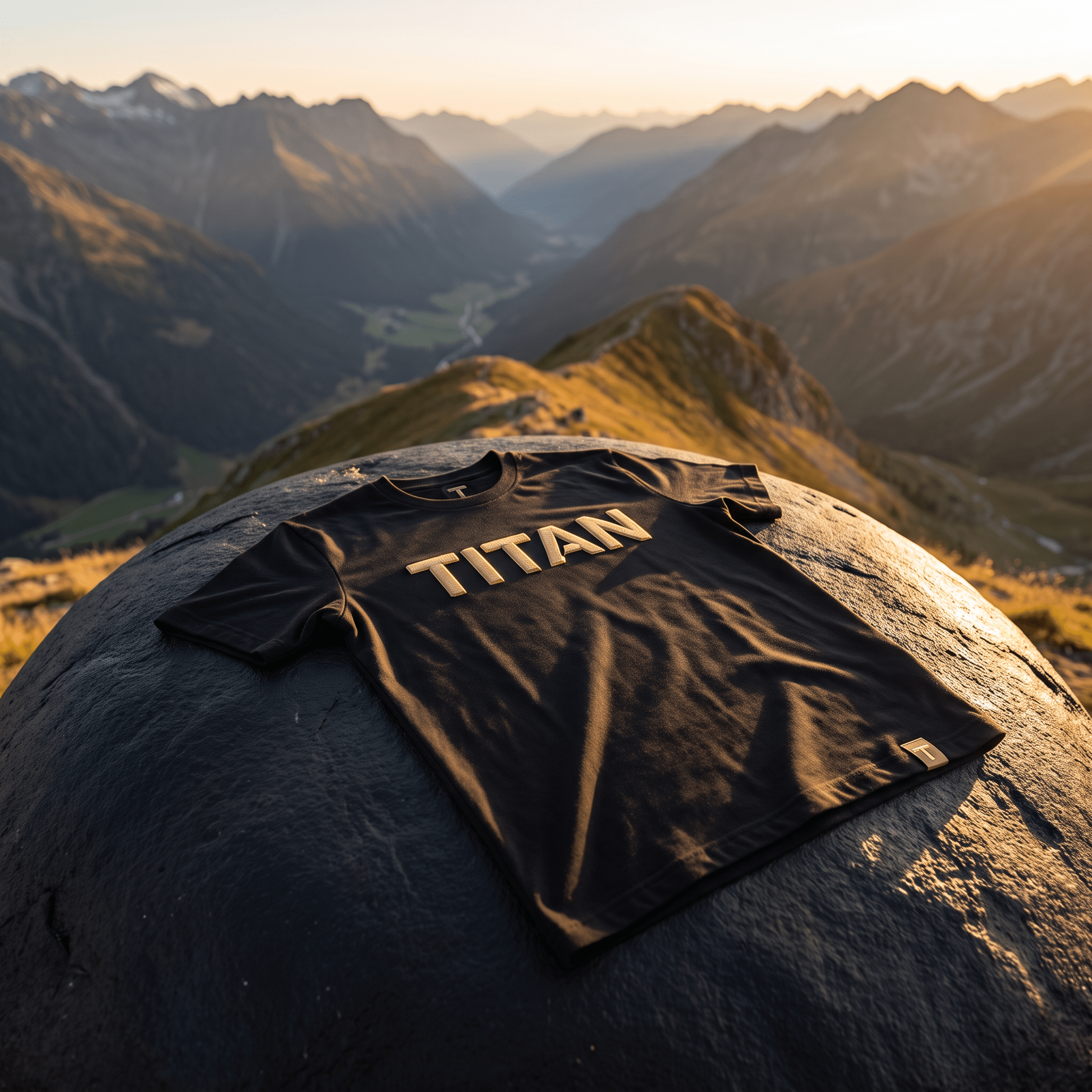 Black athletic t-shirt with gold "TITAN" lettering and logo tag, displayed on a rock against a mountain backdrop.