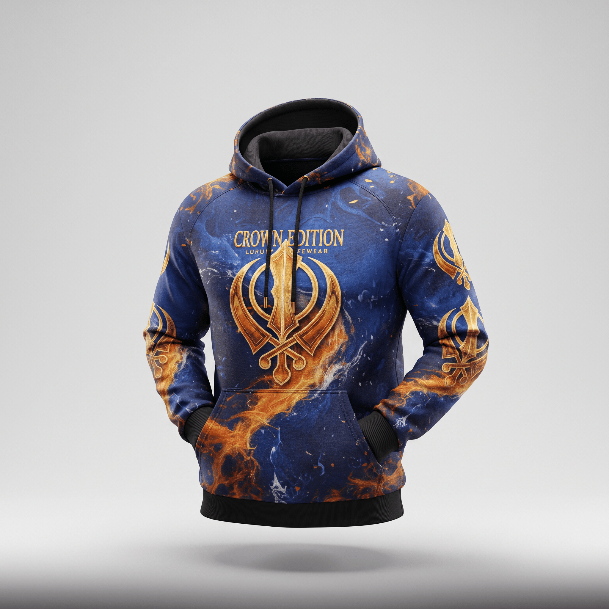 Blue and gold hoodie with Khanda symbol and Crown Edition text, front view.