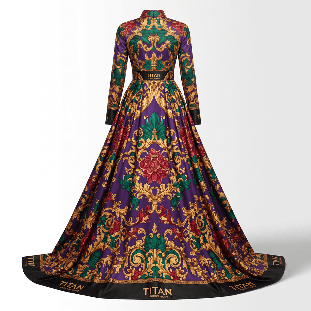Back view of a purple long-sleeve maxi dress with gold baroque, green, and red floral print.