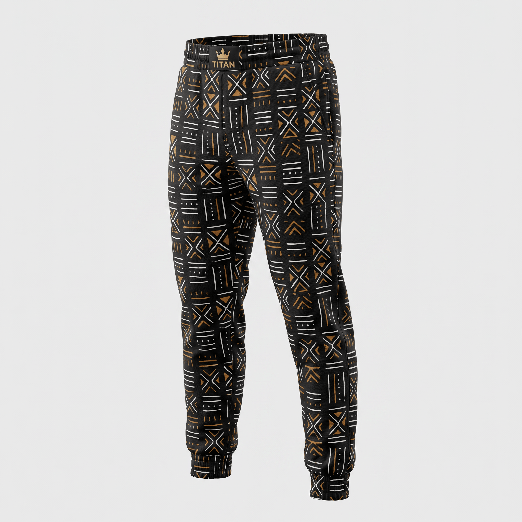 Black and gold jogger sweatpants featuring a geometric tribal mudcloth pattern and elastic waistband.