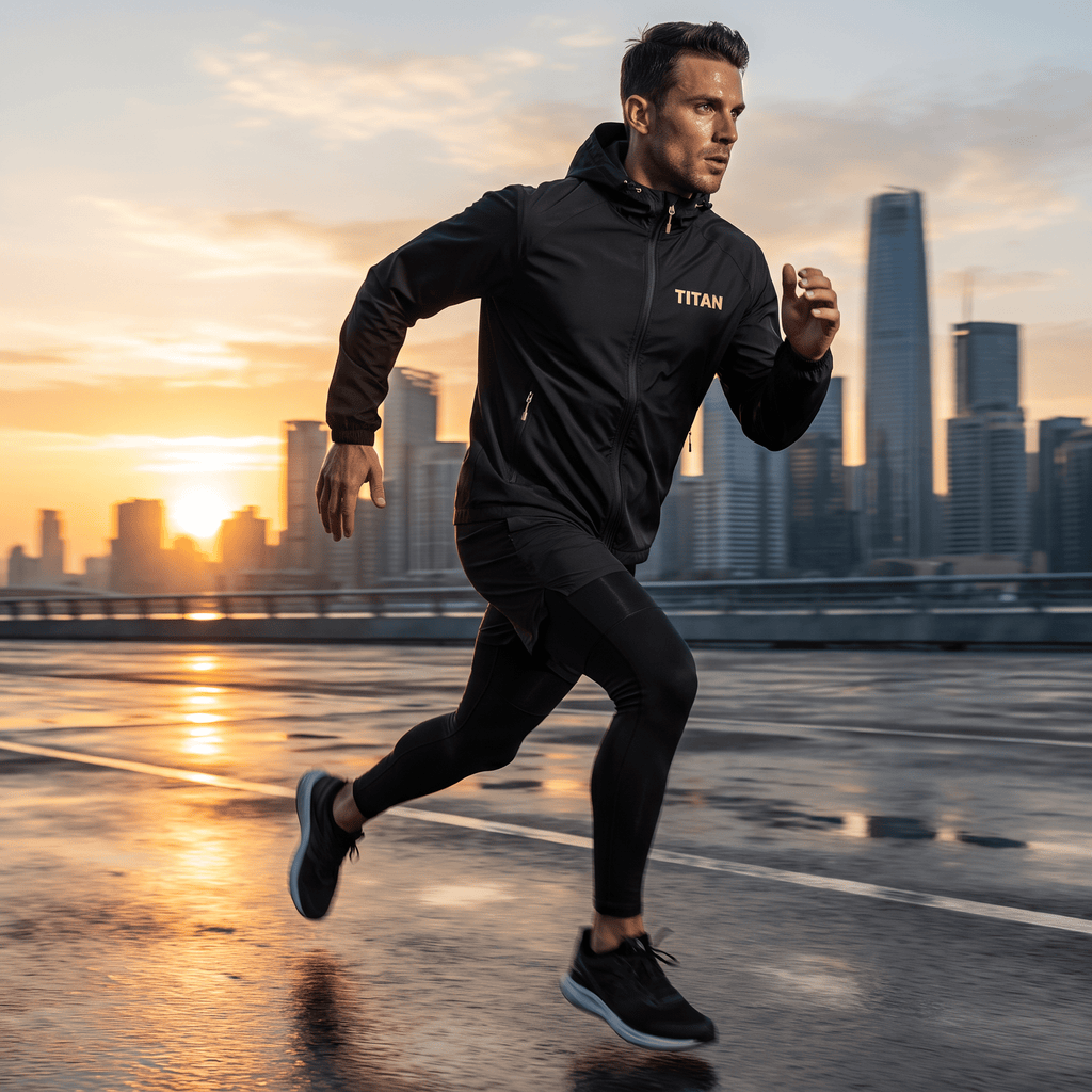 Male athlete running outdoors at sunrise wearing a black TITAN Insulated Puffer Jacket and black tights.