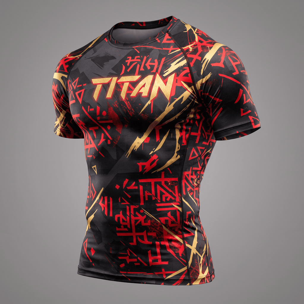 Black, red, and gold short-sleeve compression rash guard with Japanese text print and Titan logo.