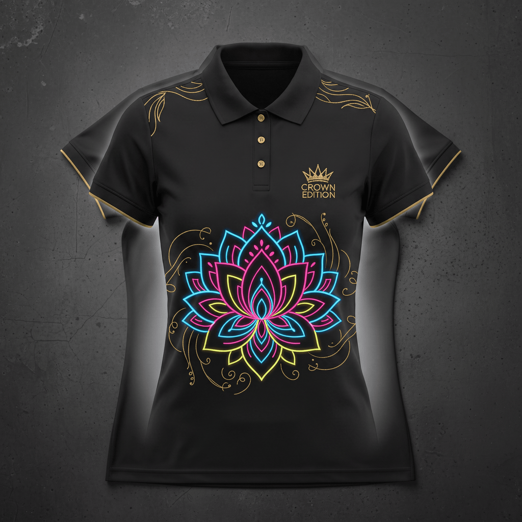 Black polo shirt featuring a neon lotus flower graphic, gold trim, and Crown Edition logo.
