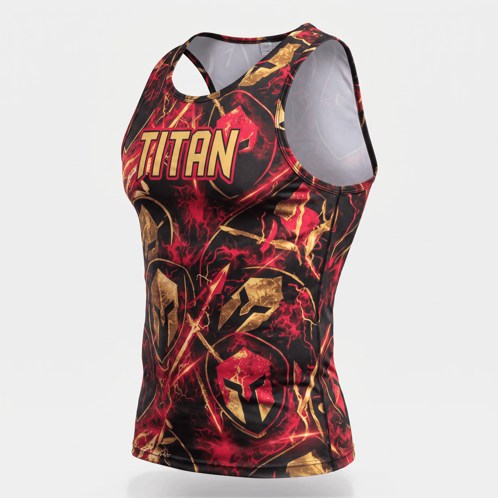 Red and black athletic tank top featuring gold Spartan helmets and the word TITAN.