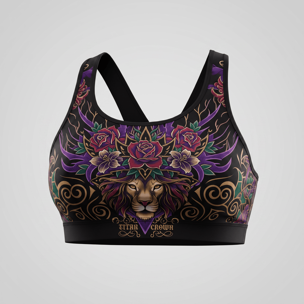 Black sports bra featuring a colorful lion, roses, and gold filigree graphic print.