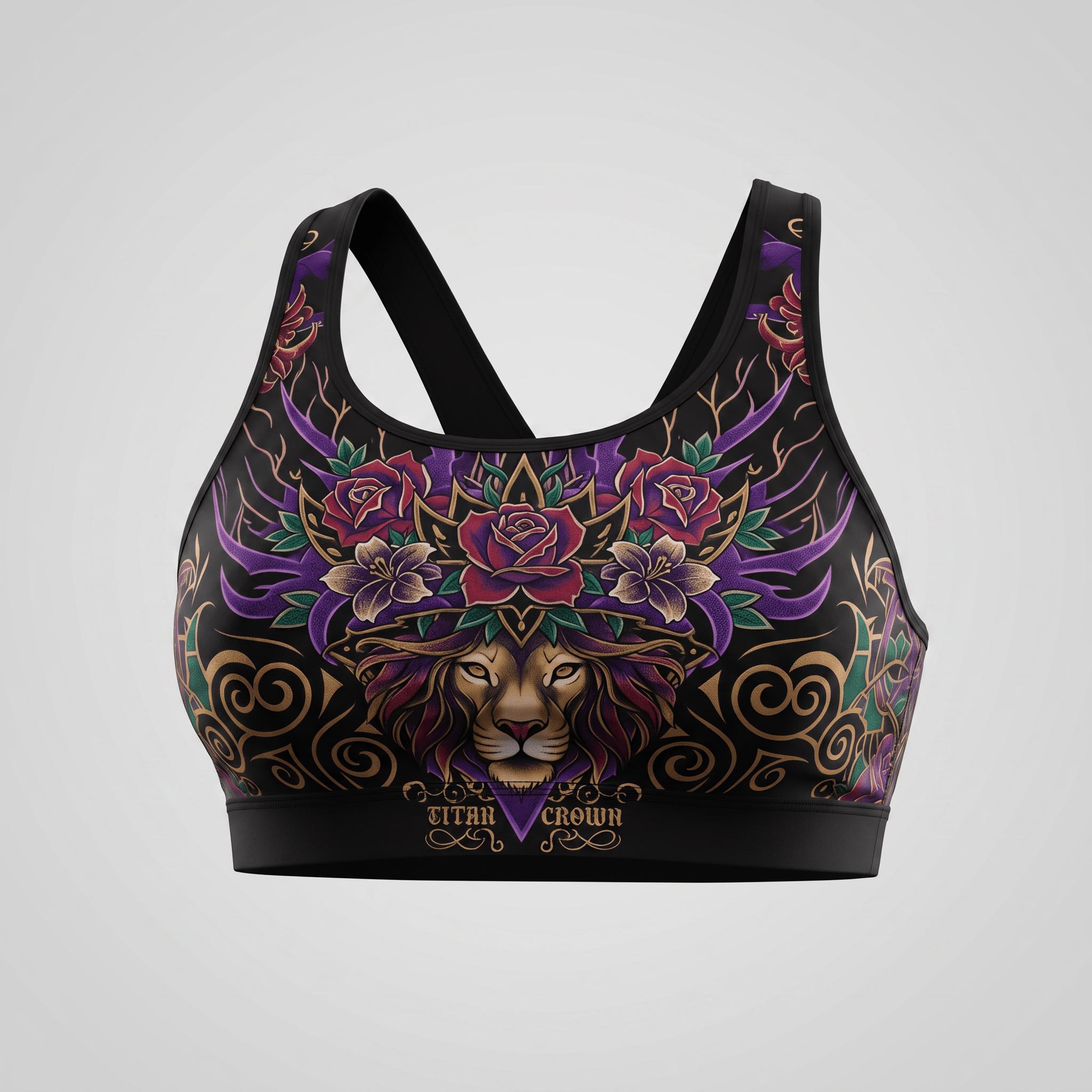 Black sports bra featuring a colorful lion, roses, and gold filigree graphic print.