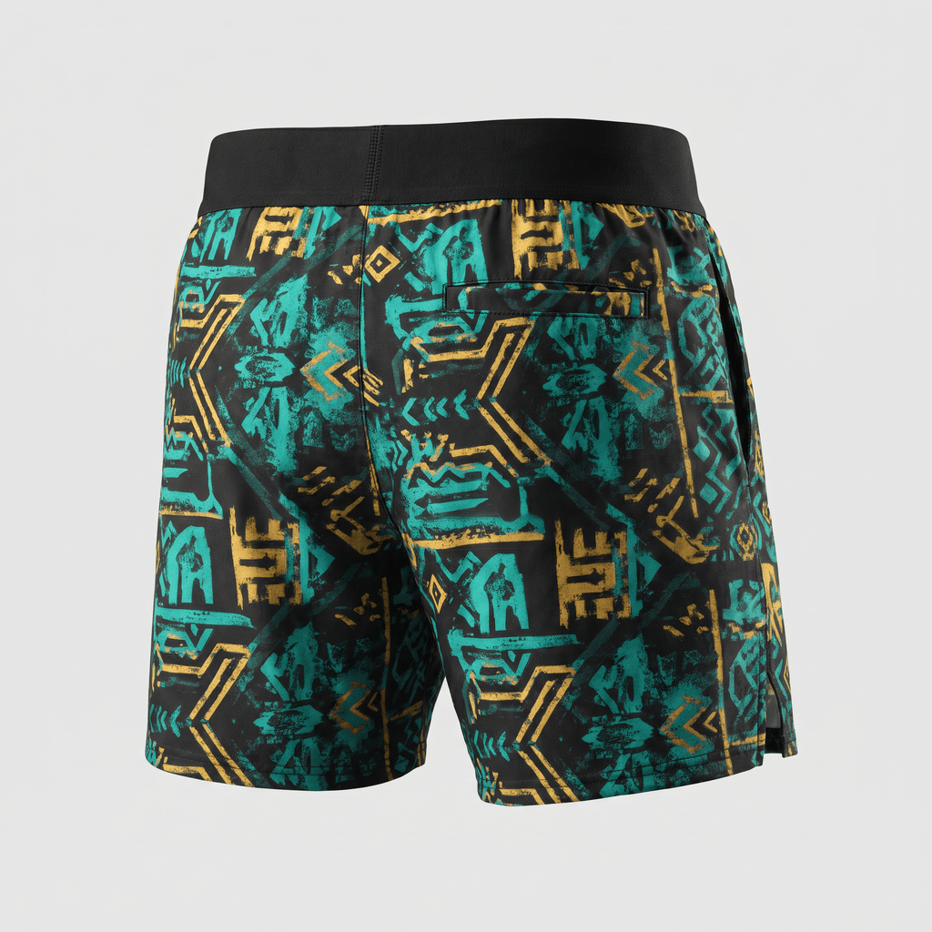 Rear view of black athletic shorts with a turquoise and gold geometric pattern and a solid black waistband.