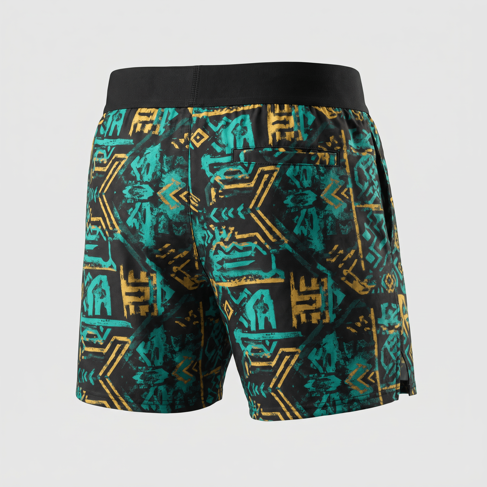 Rear view of black athletic shorts with a turquoise and gold geometric pattern and a solid black waistband.