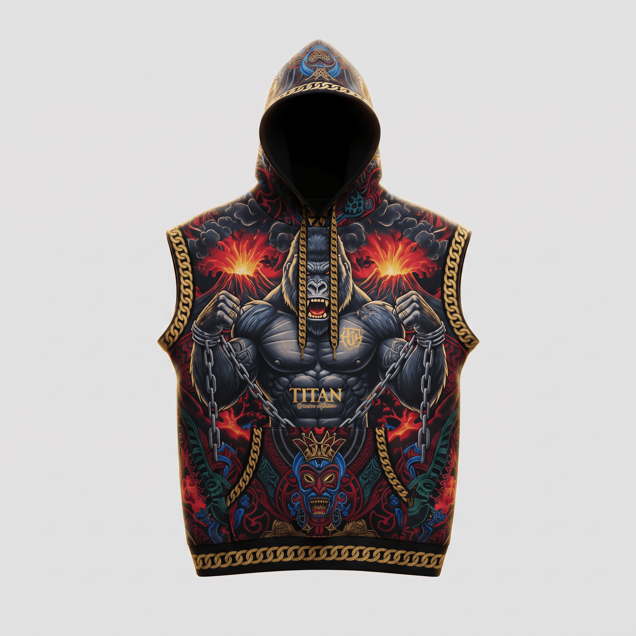 Black sleeveless hoodie featuring a fierce chained gorilla graphic, volcanic background, and gold chain trims.