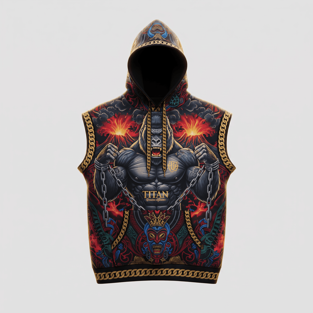Black sleeveless hoodie with colorful graphic of muscular gorilla breaking chains amid volcanic eruption and tribal art.