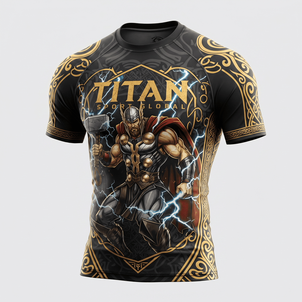 Black and gold short-sleeve rash guard featuring a Norse god graphic with lightning and Titan Sport Global text.