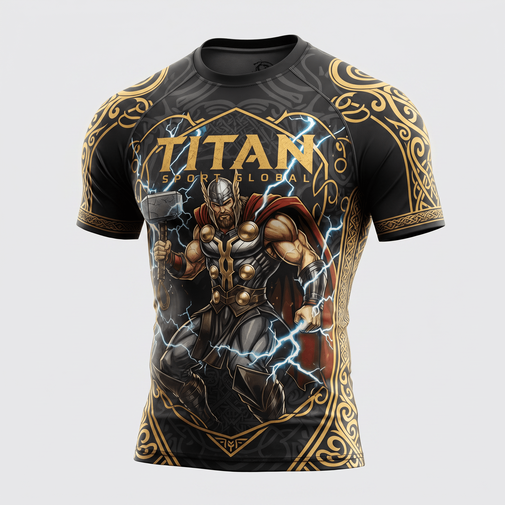 Black and gold short-sleeve rash guard featuring a Norse god graphic with lightning and Titan Sport Global text.