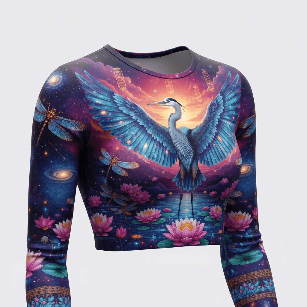 Purple long-sleeve crop top with heron, lotus, and cosmic galaxy print.