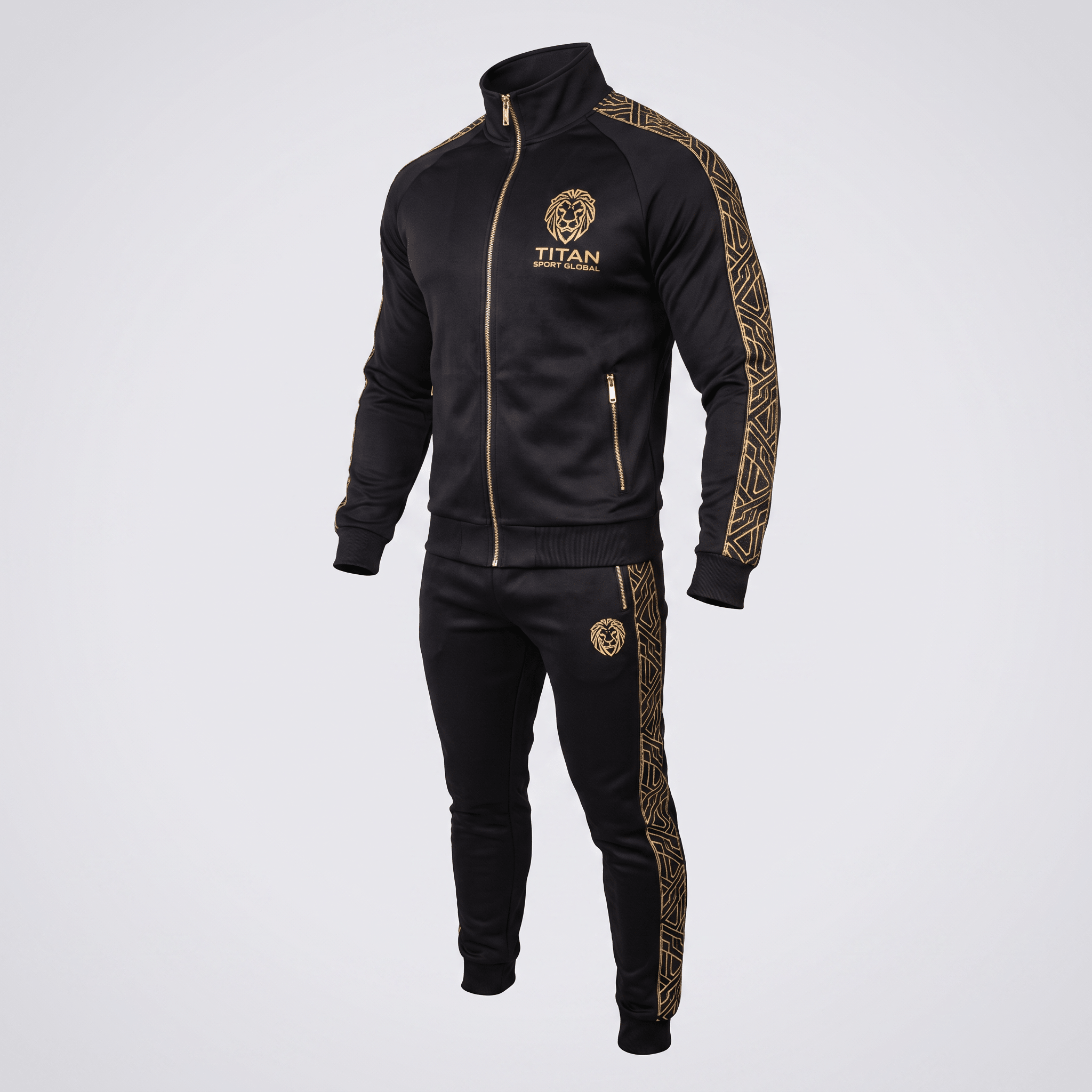 Black and gold Titan Sport Global tracksuit with lion logo and geometric sleeve stripes on an invisible man form
