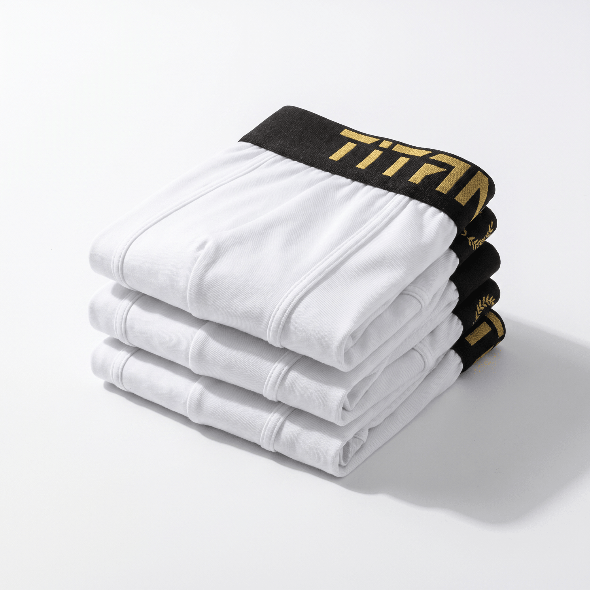 Folded stack of white boxer briefs with black and gold branded waistbands on a white background.