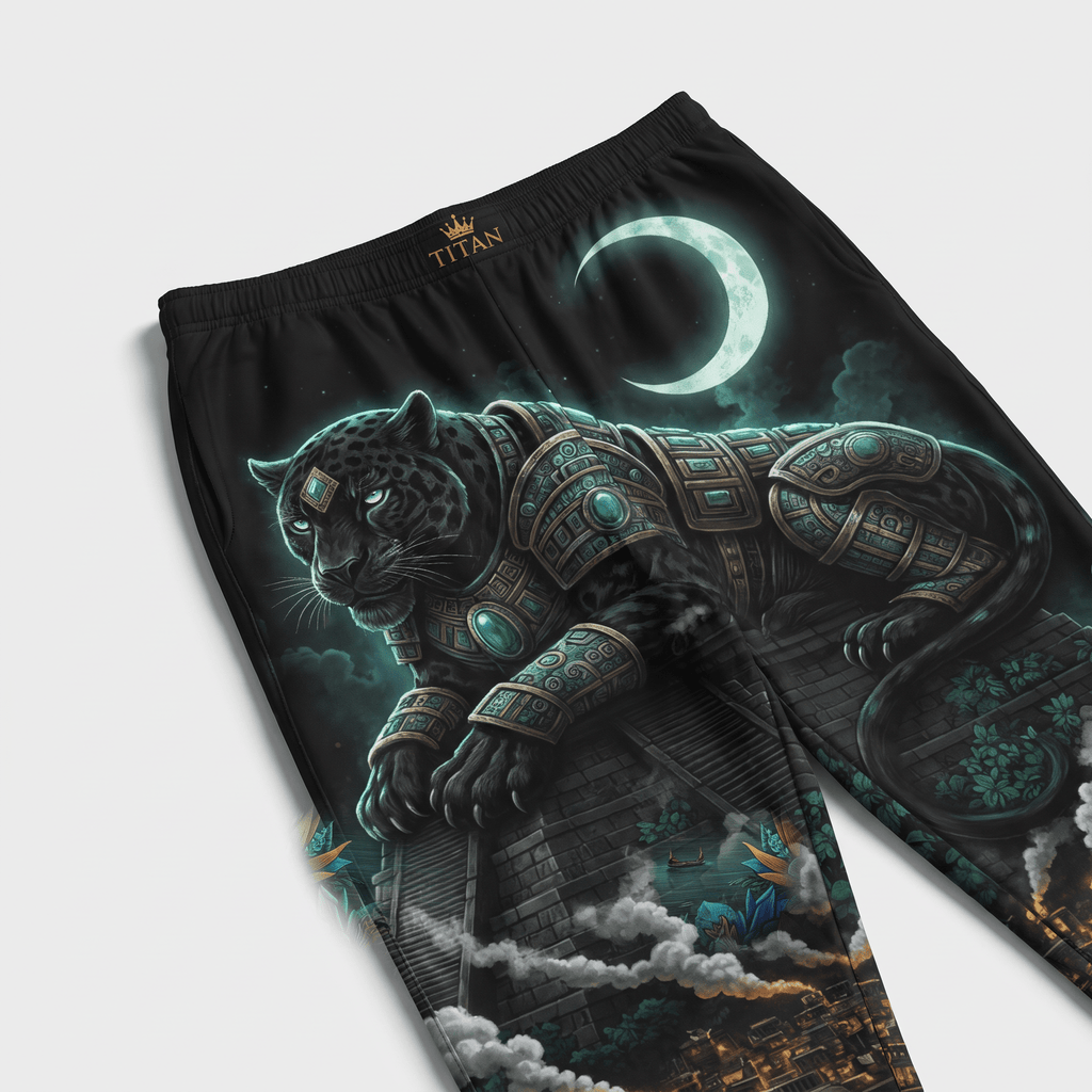 Black shorts featuring an armored black panther under a crescent moon and ancient temple graphic.