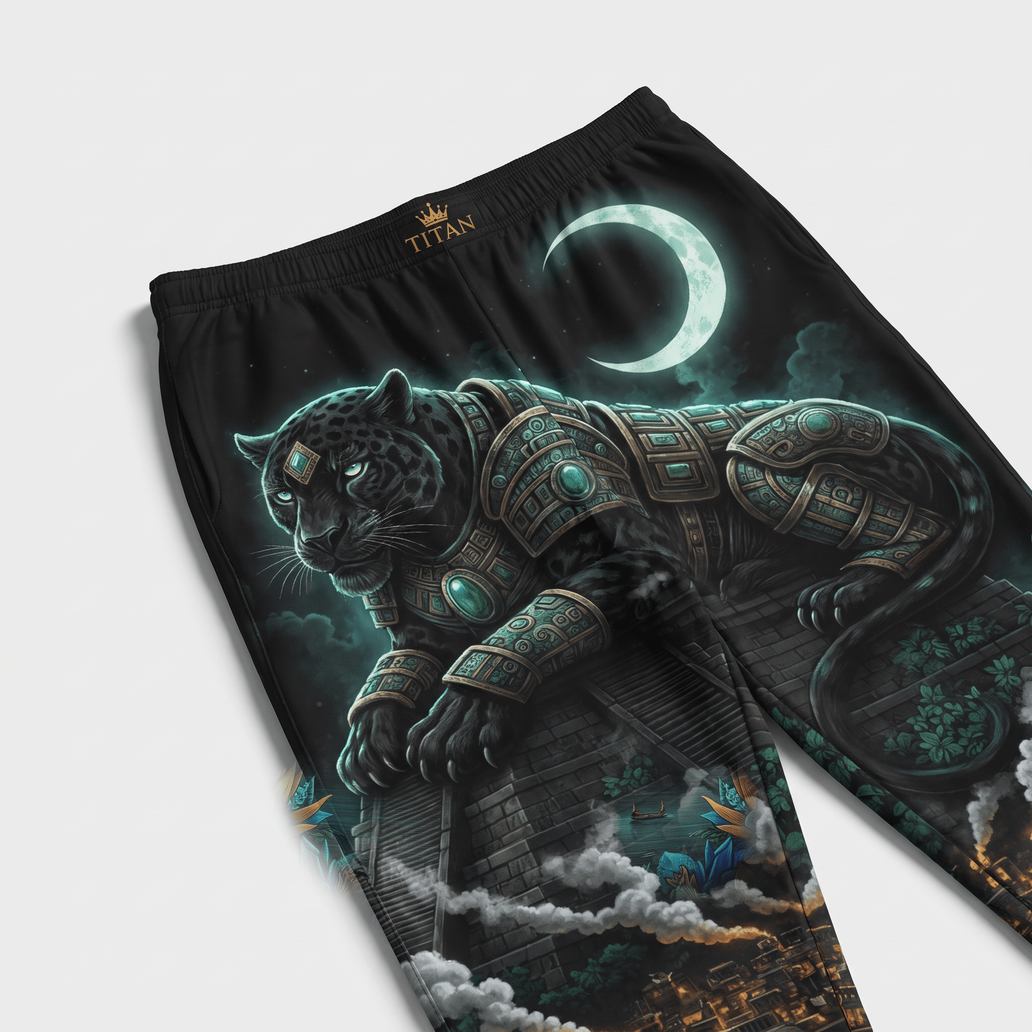 Black shorts featuring an armored black panther under a crescent moon and ancient temple graphic.