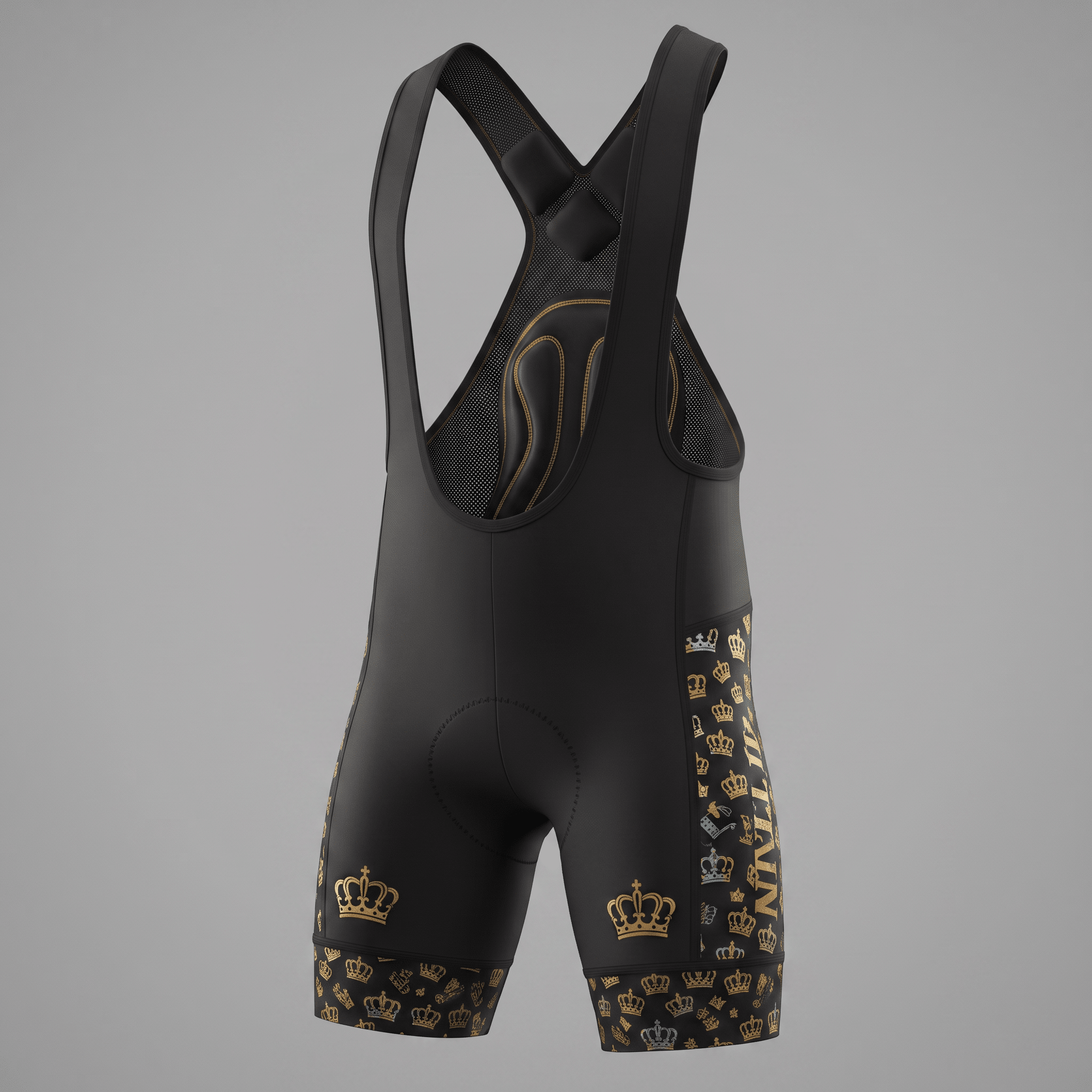 Black cycling bib shorts with gold crown pattern and suspender straps.