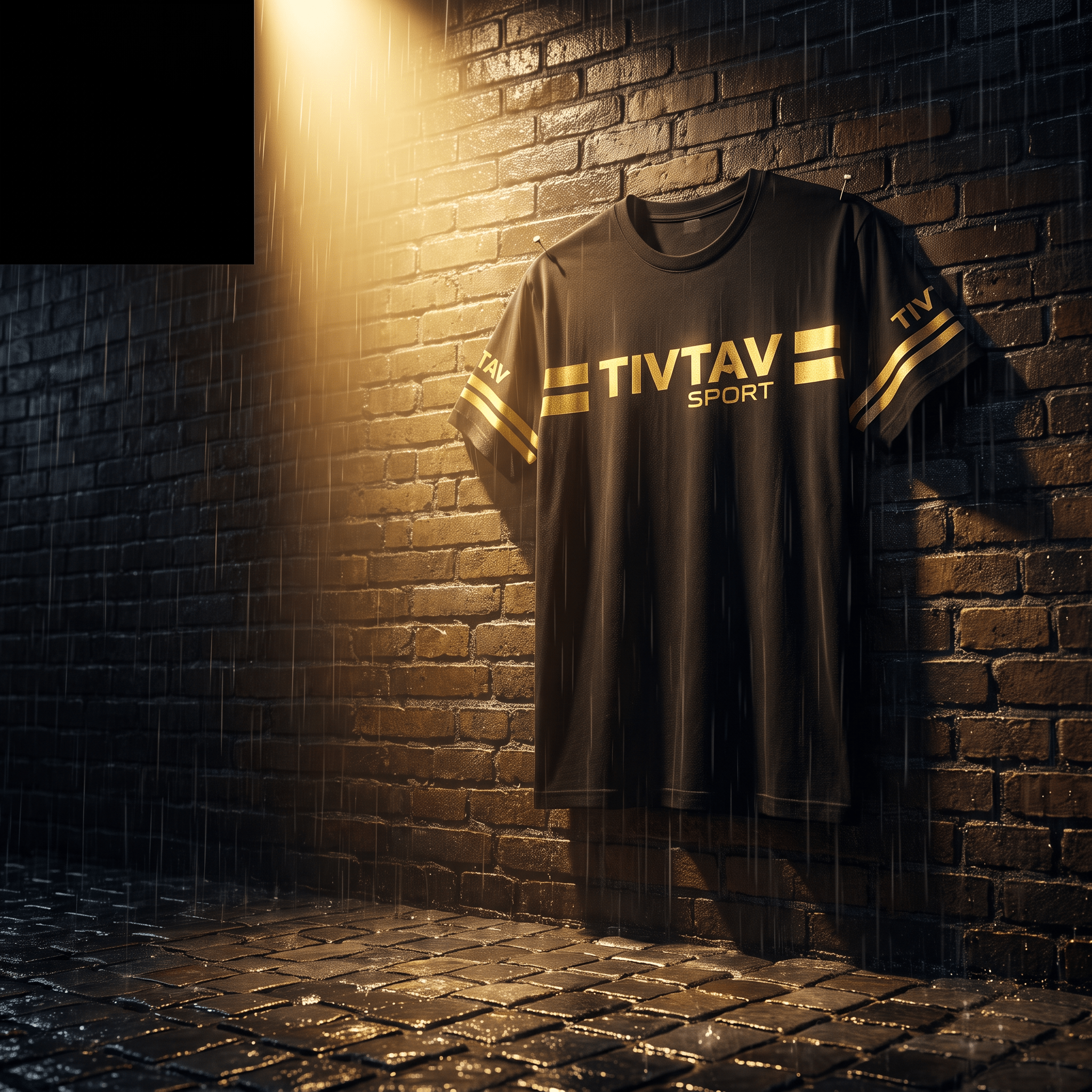 Black athletic t-shirt with gold "TIVTAV SPORT" logo and stripes, hanging on a wet brick wall in the rain.