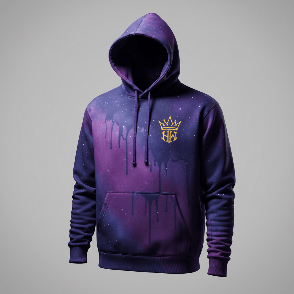 Purple galaxy print hoodie with a gold crown logo on the chest, hood, and front pocket.