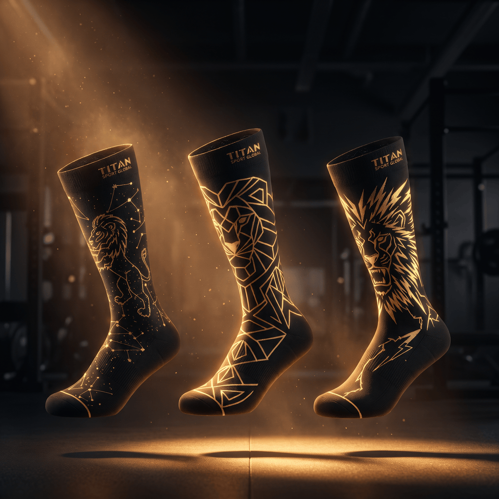 Three black Titan Sport Global athletic socks with glowing gold lion, geometric, and constellation designs.