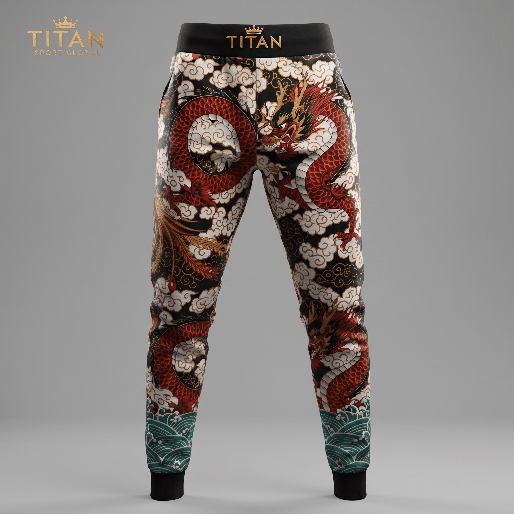 Titan Sport Global black sweatpants featuring red and gold dragon print and wave cuffs.