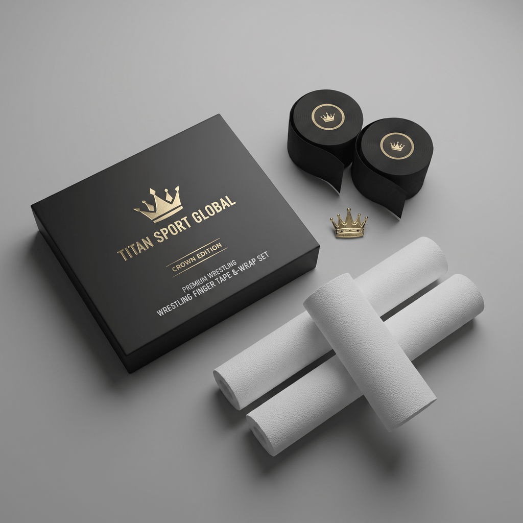 Titan Sport Global Crown Edition wrestling tape and wrap set with black box, rolls of tape, and gold pin.