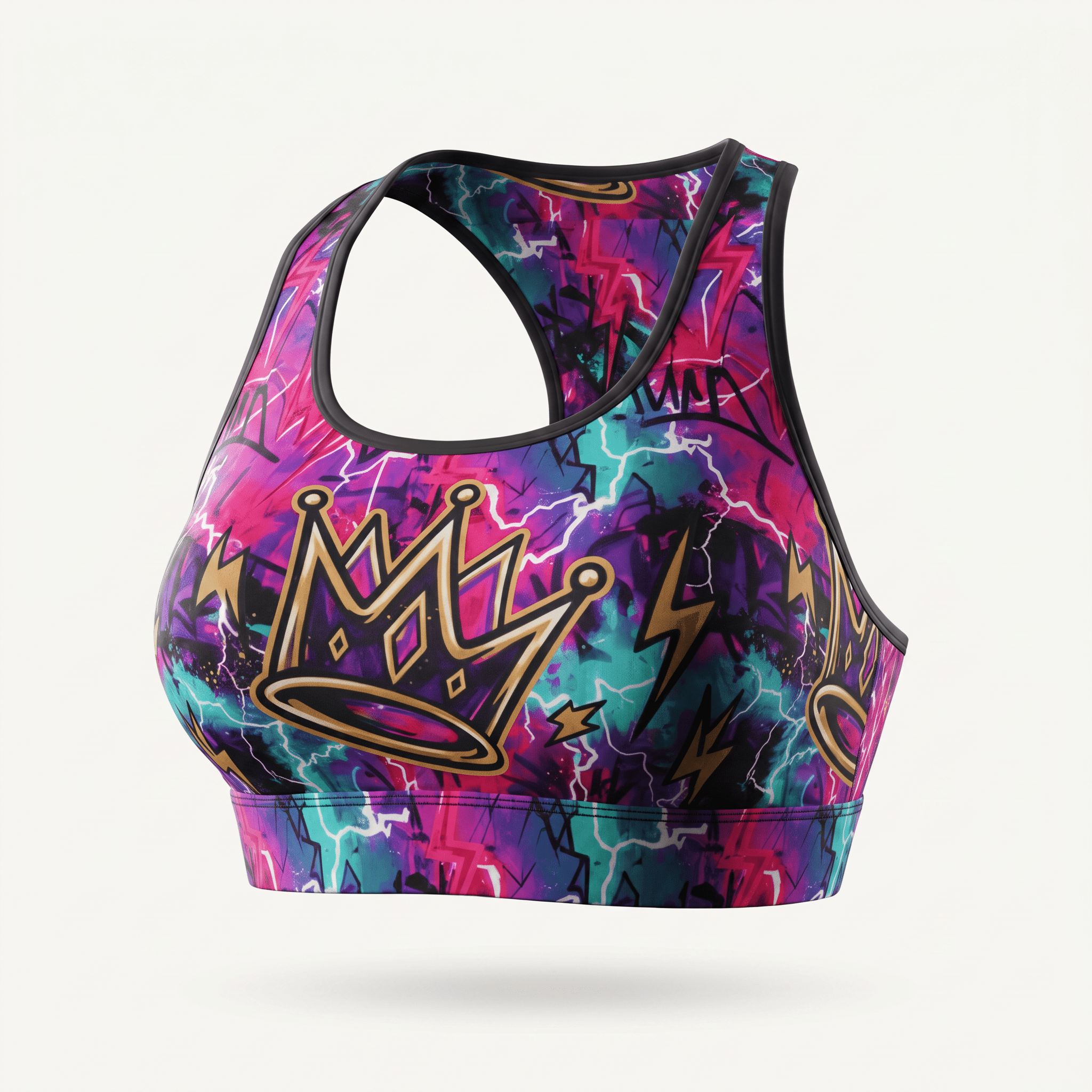 Black racerback sports bra featuring a vibrant graffiti print with pink, blue, and gold crown graphics.