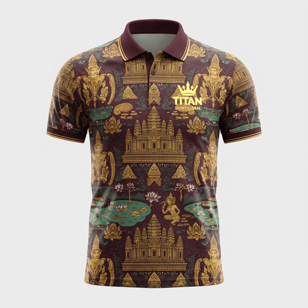 Maroon polo shirt with gold and green ancient temple pattern, collar, and Titan Sport Global logo.