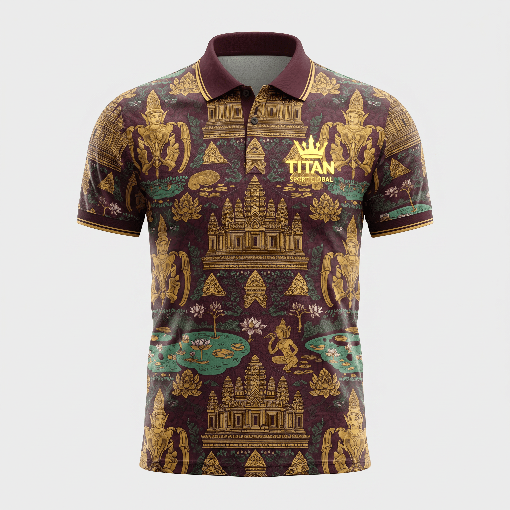 Maroon polo shirt with gold and green ancient temple pattern, collar, and Titan Sport Global logo.