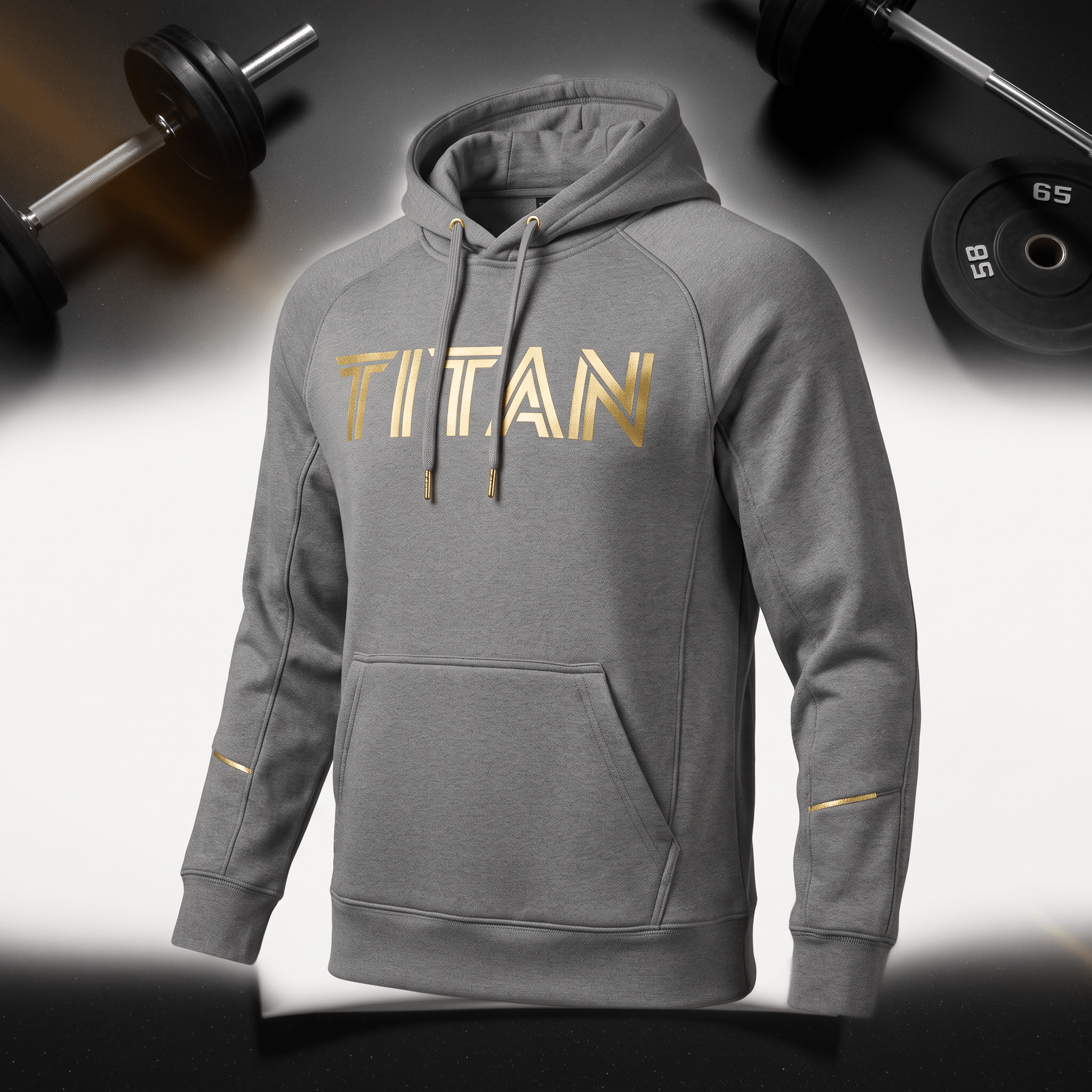 Grey Titan gym hoodie with gold logo and accents, styled against a gym background with dumbbells.