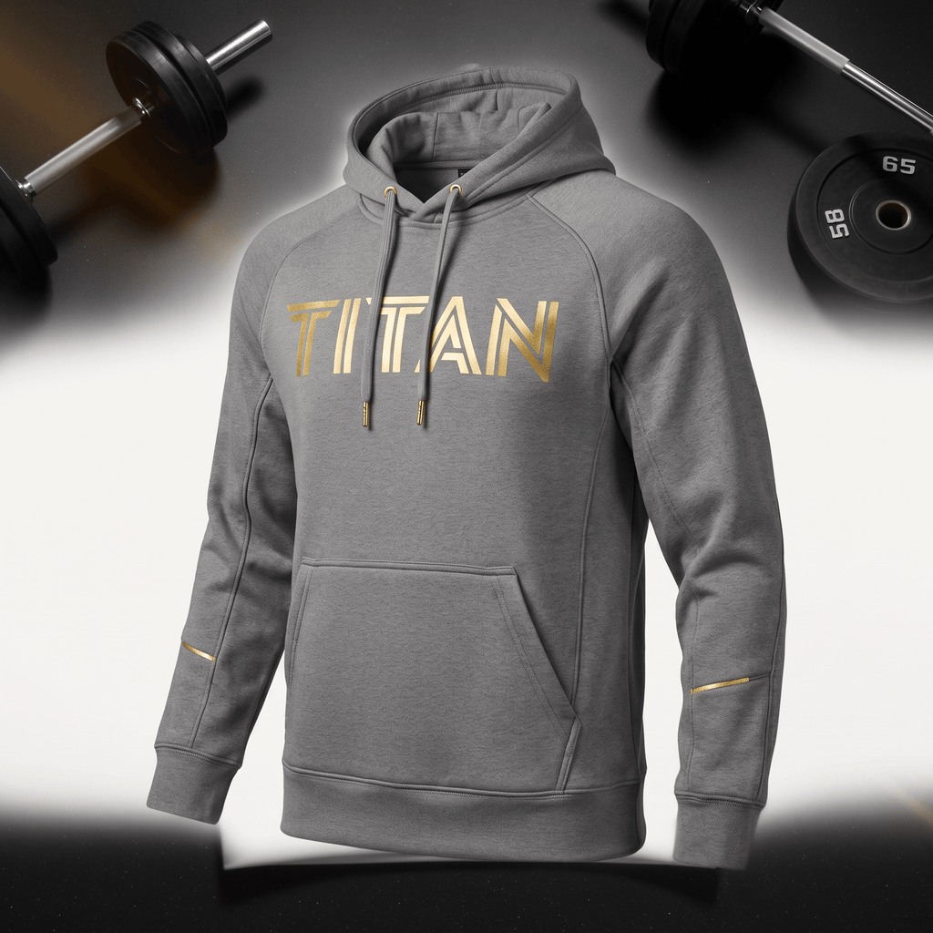 Grey Titan hoodie with gold logo and accents, featuring a front pocket and drawstring hood, displayed with weights.