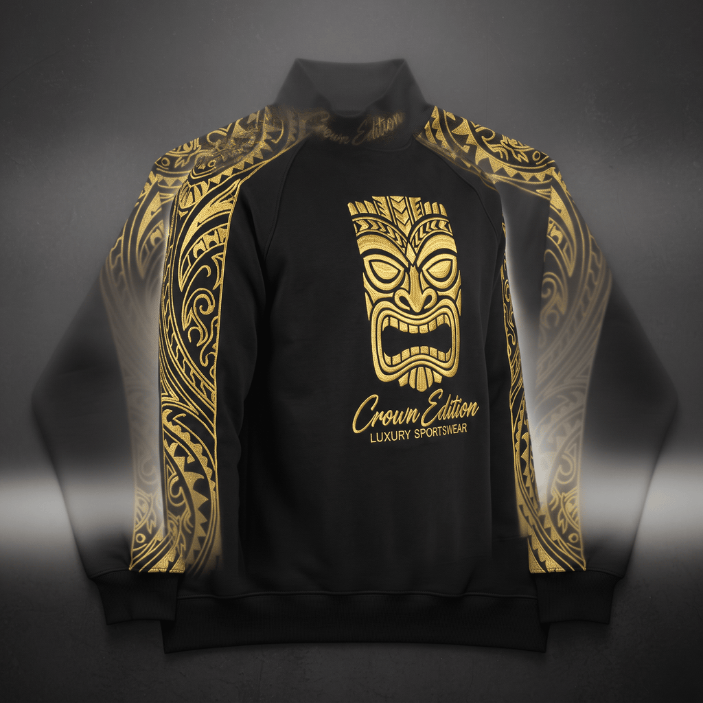 Black sweatshirt with gold Polynesian tribal sleeve patterns and a tiki mask chest logo.
