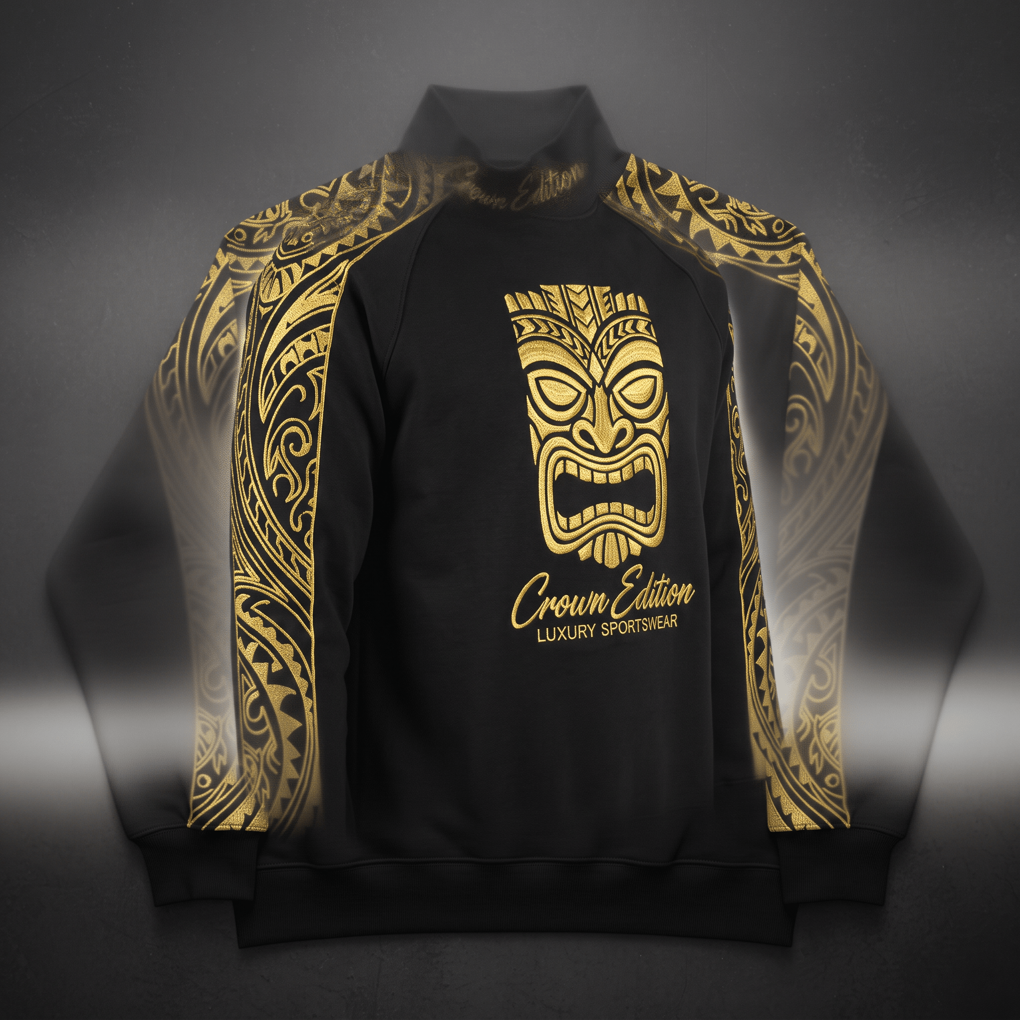 Black sweatshirt with gold Polynesian tribal sleeve patterns and a tiki mask chest logo.