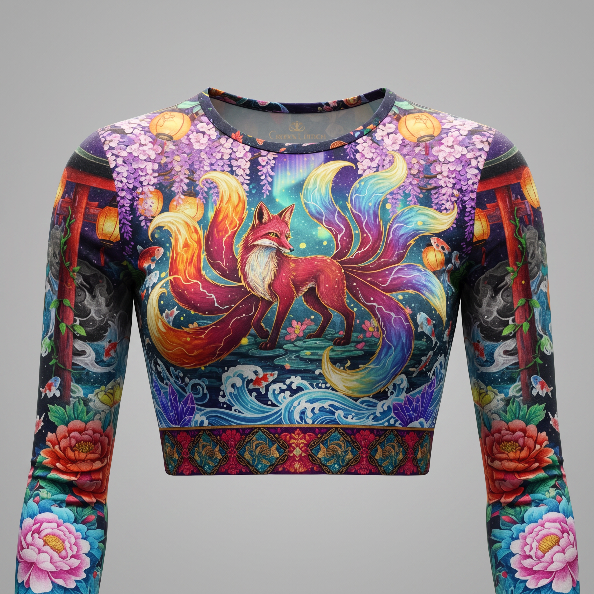 Long sleeve crop top featuring a multi-tailed fox amid a vibrant purple and blue fantasy landscape.