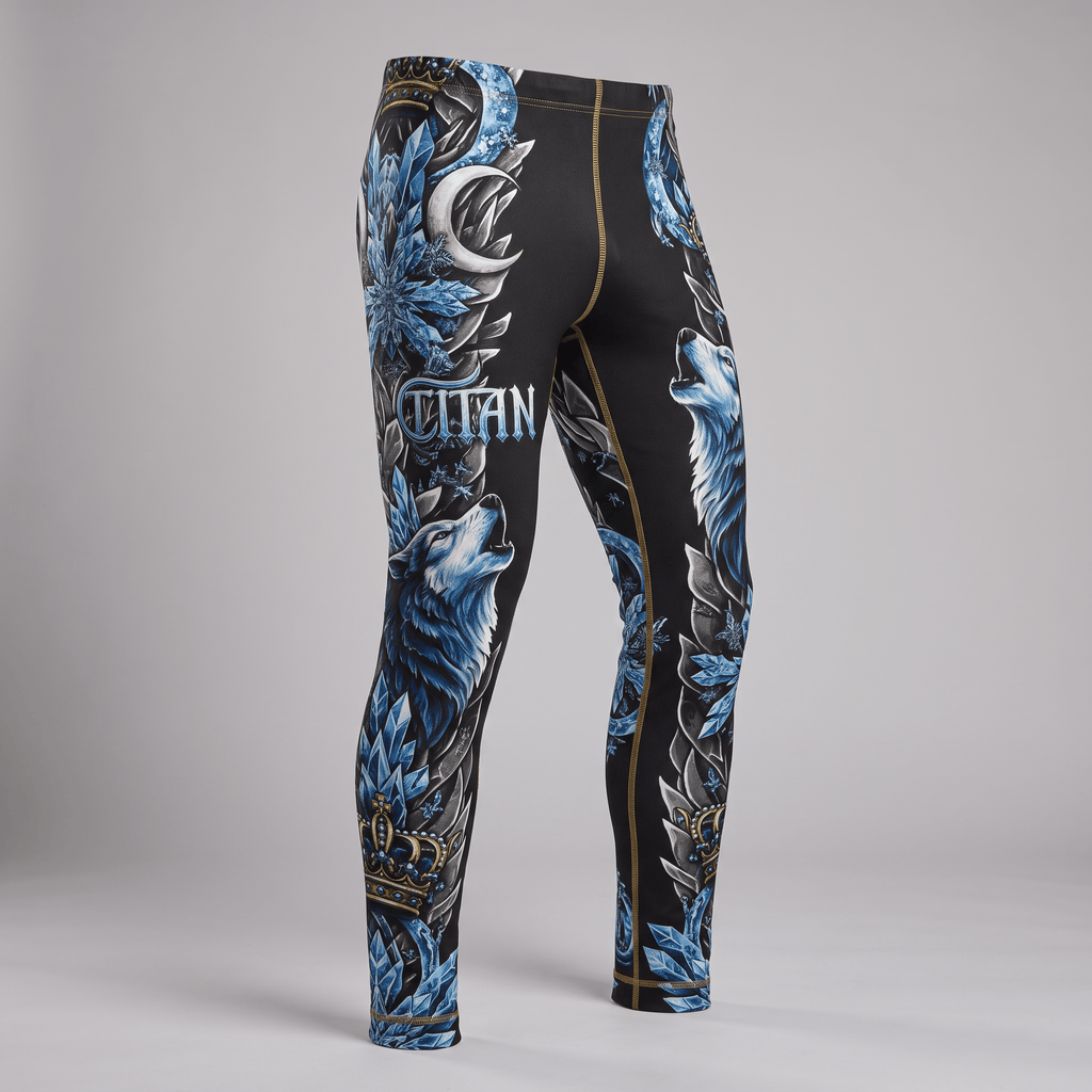 Black athletic leggings featuring blue and white wolf, crystal, moon, and crown graphic prints.