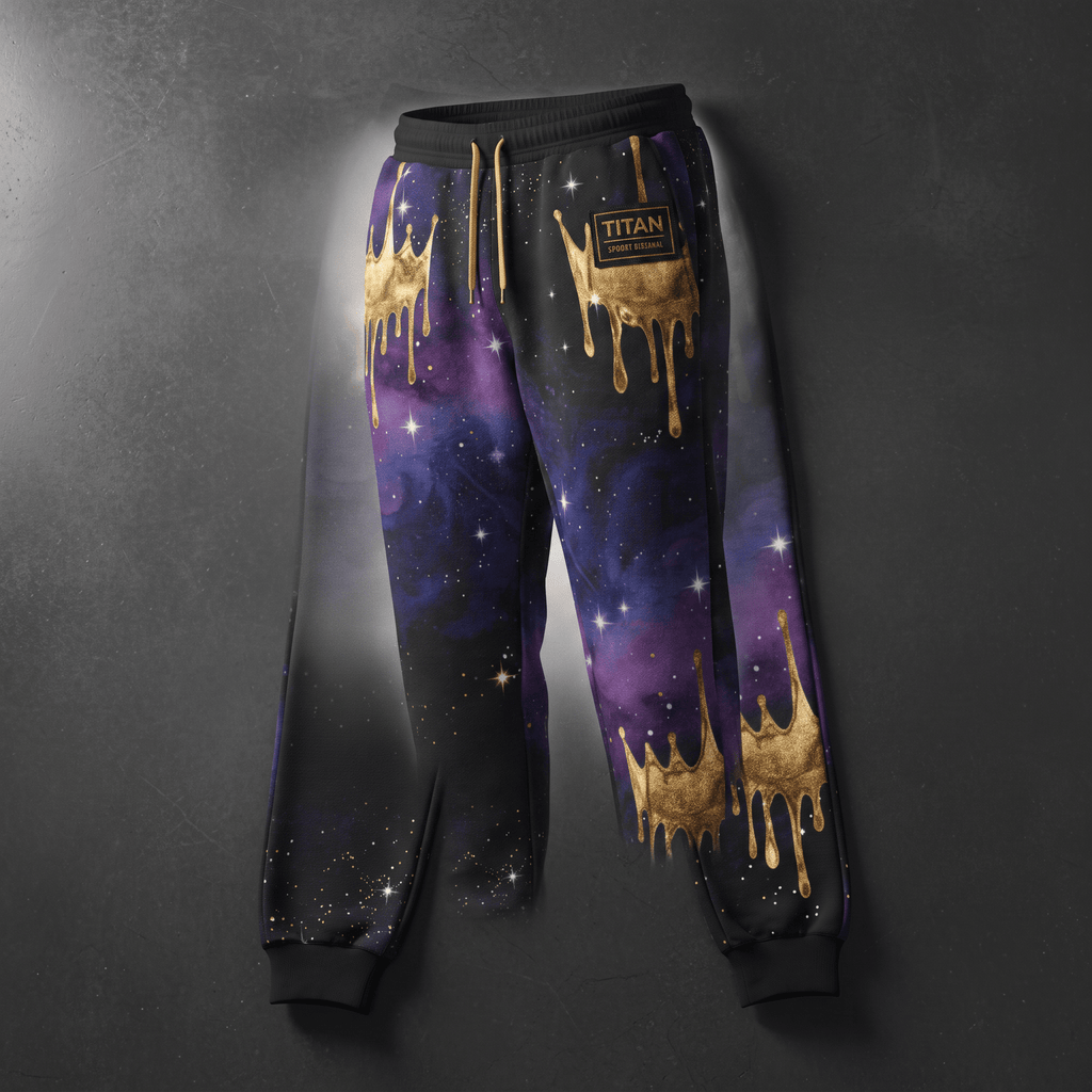 Black joggers featuring purple galaxy print, gold drip graphics, and gold drawstrings on a dark background.