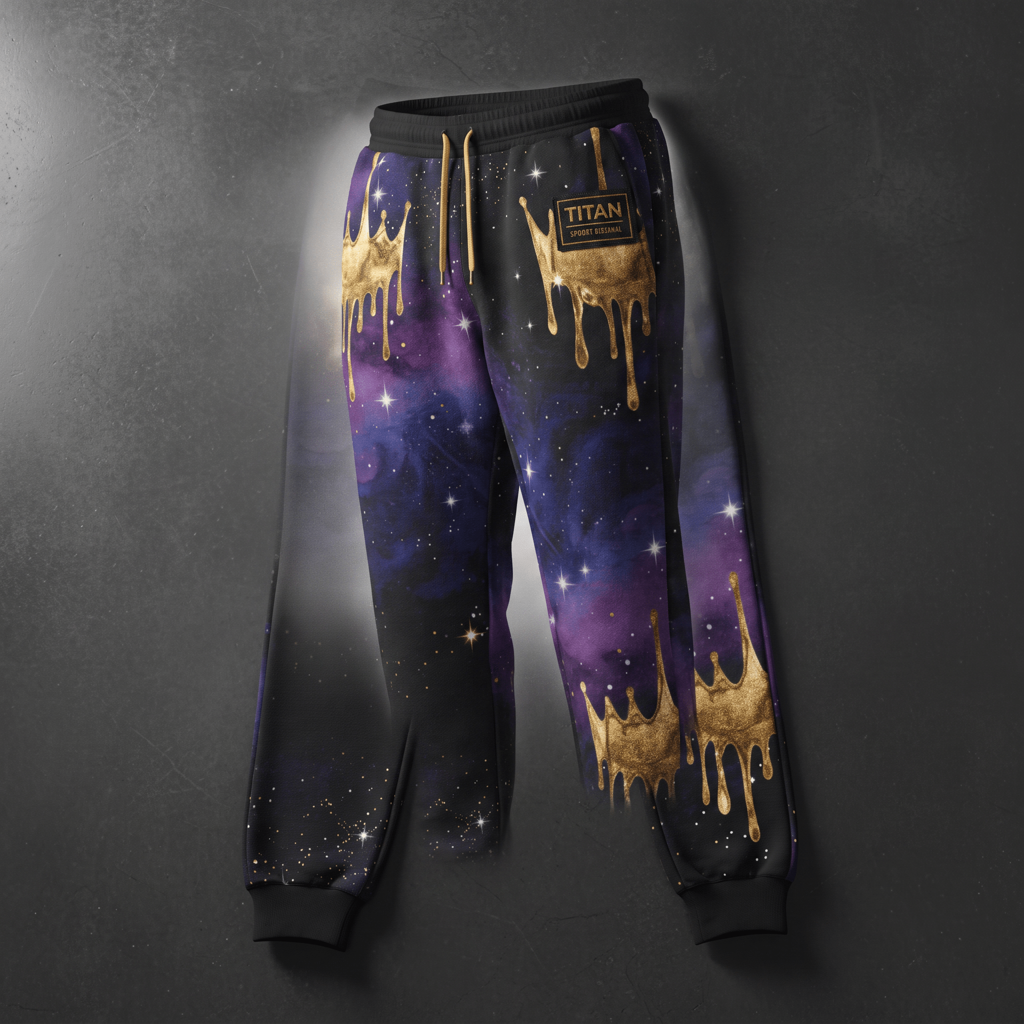 Black joggers featuring purple galaxy print, gold drip graphics, and gold drawstrings on a dark background.