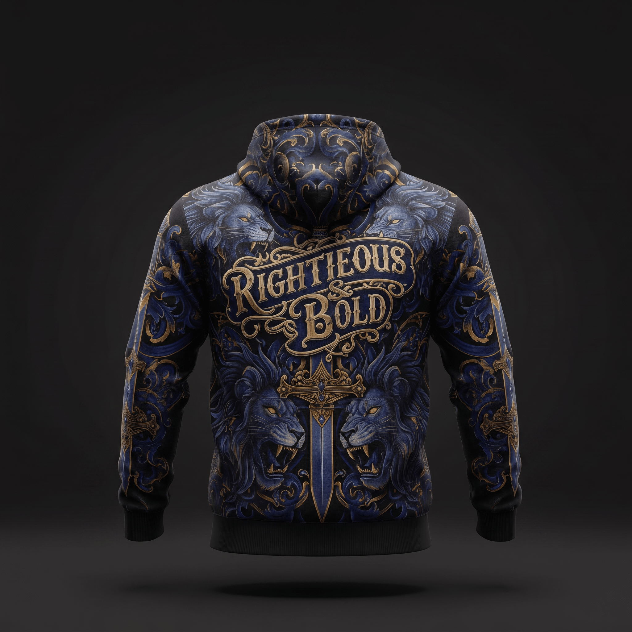 Blue and gold graphic hoodie featuring intricate lion, sword, and baroque scrollwork designs with text on the back.