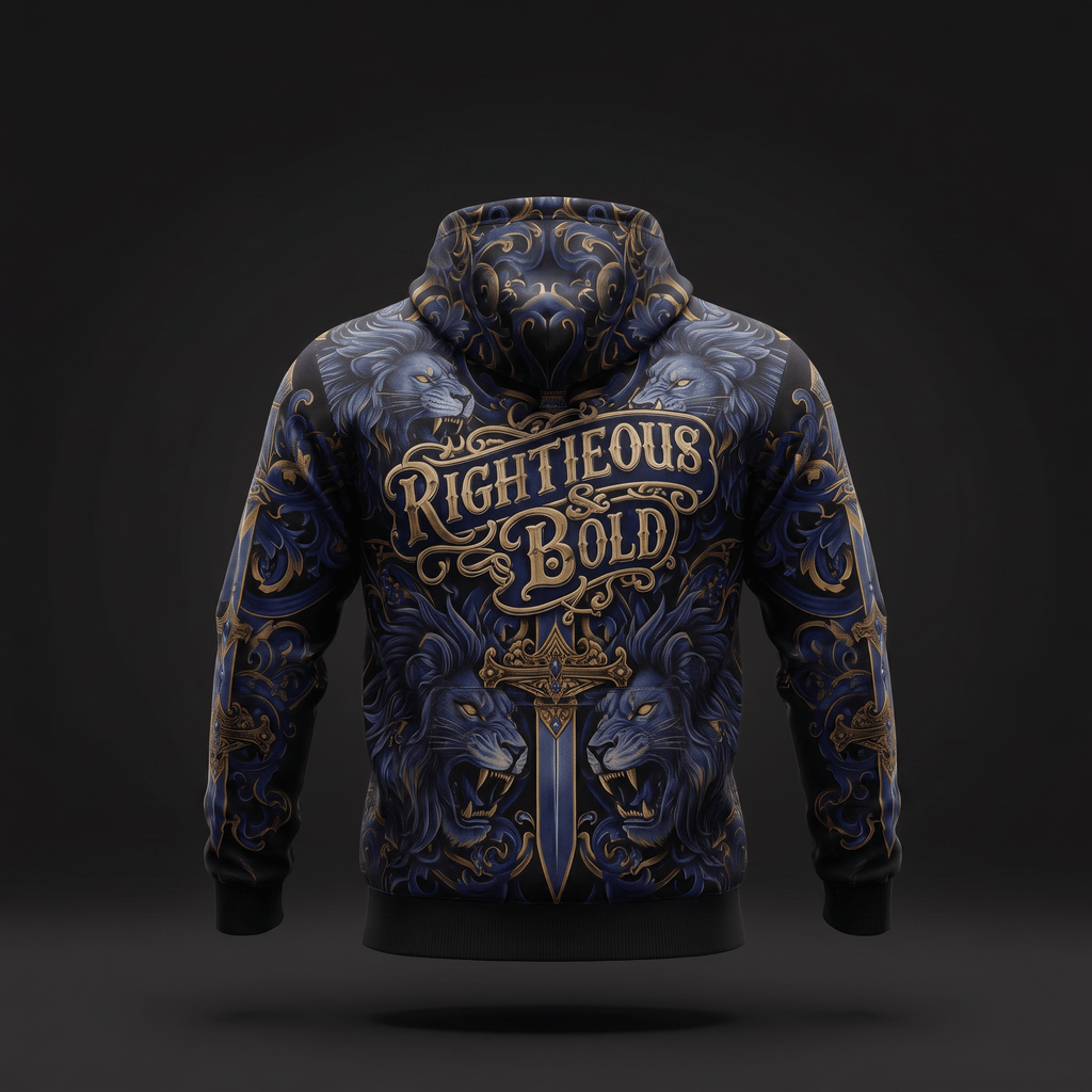 Blue and gold hoodie featuring roaring lions, ornate patterns, and Righteous & Bold text on the back.