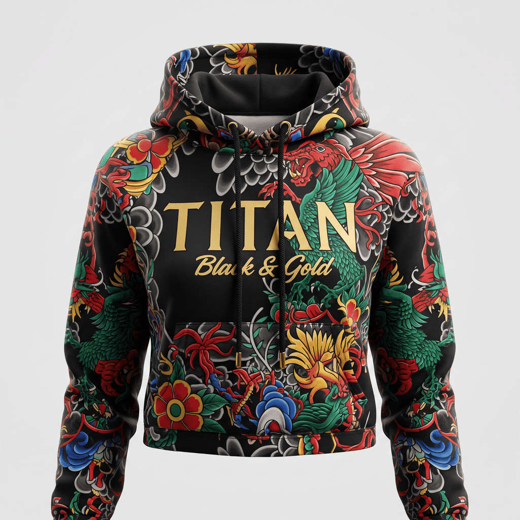 Black hoodie with colorful Japanese irezumi tattoo art, featuring gold Titan Black and Gold text on the front.