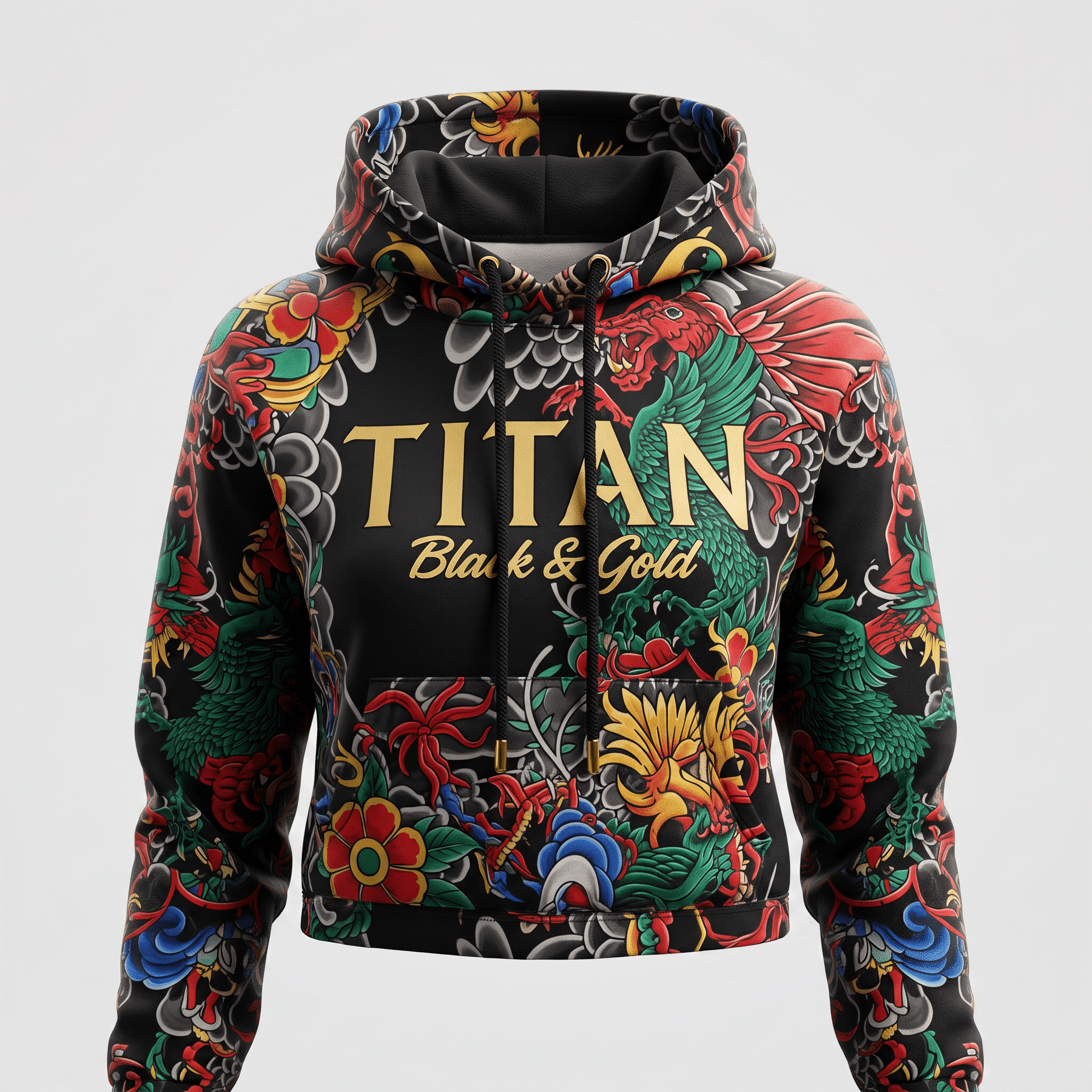 Black hoodie featuring colorful Japanese tattoo print art, gold Titan text, and black drawstrings.