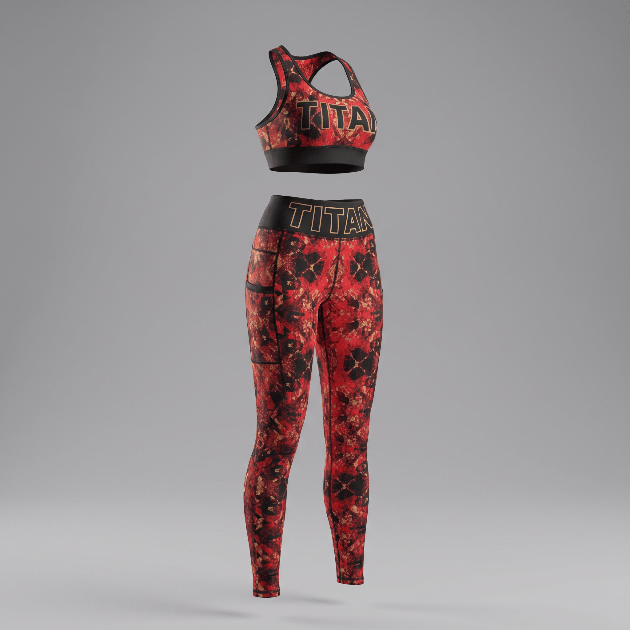 Red and black tie-dye athletic set featuring a sports bra and high-waisted leggings with Titan branding.